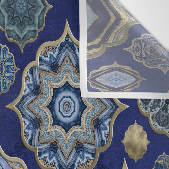 Blue Turquoise Gold Moroccan Tiles Boho Vintage Elegance Quatrefoil Shapes Wall Tapestry Gallery Image 3