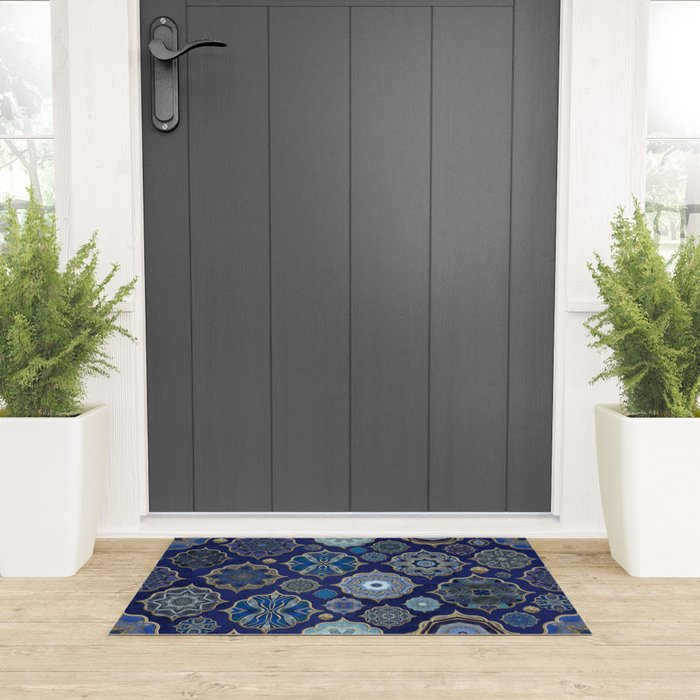 Blue Turquoise Gold Moroccan Tiles Boho Vintage Elegance Quatrefoil Shapes Welcome Mat Gallery Image 3