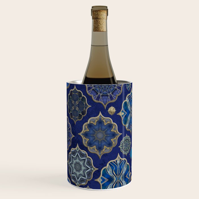 Blue Turquoise Gold Moroccan Tiles Boho Vintage Elegance Quatrefoil Shapes Wine Chiller Gallery Image 2