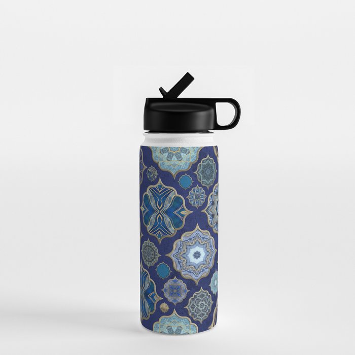 Blue Turquoise Gold Moroccan Tiles Boho Vintage Elegance Quatrefoil Shapes Water Bottle Gallery Image 1