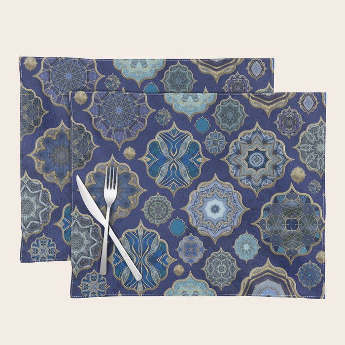 Blue Turquoise Gold Moroccan Tiles Boho Vintage Elegance Quatrefoil Shapes Placemat Gallery Image 1