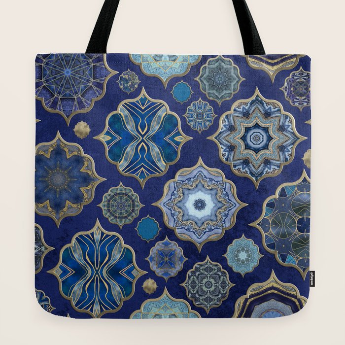 Blue Turquoise Gold Moroccan Tiles Boho Vintage Elegance Quatrefoil Shapes Tote Bag Gallery Image 2