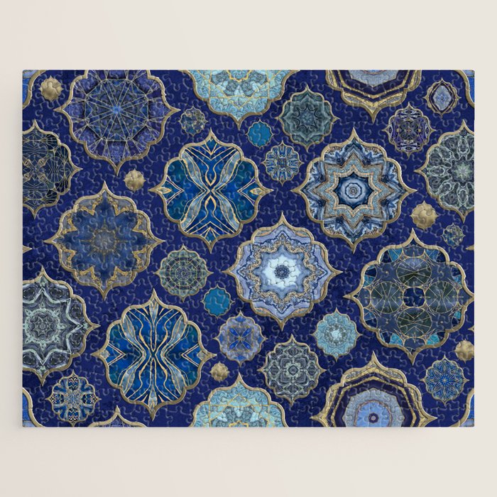 Blue Turquoise Gold Moroccan Tiles Boho Vintage Elegance Quatrefoil Shapes Jigsaw Puzzle Gallery Image 1