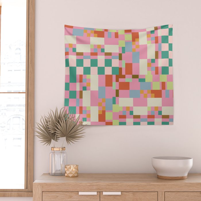 Retro vintage checkered geometric pattern Wall Tapestry Gallery Image 2