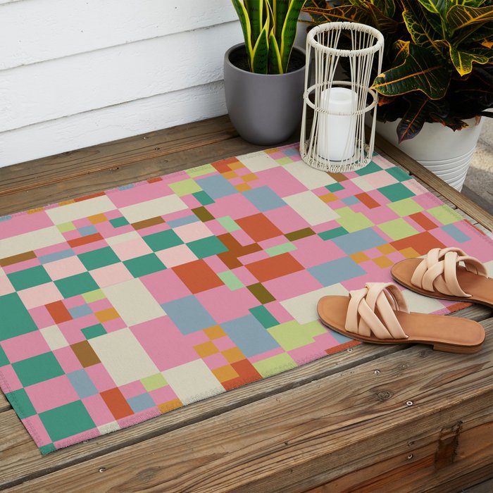 Retro vintage checkered geometric pattern Outdoor Rug Gallery Image 2