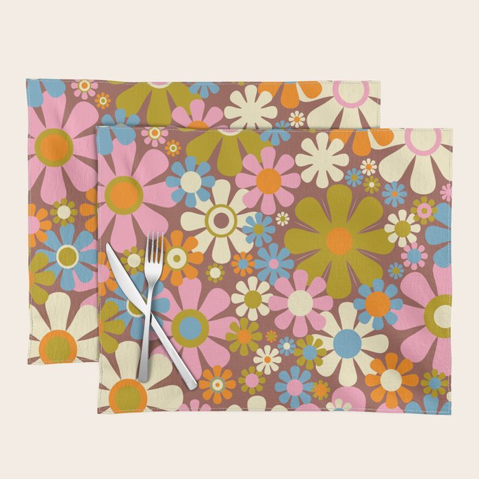 Cheerful Groovy Retro Garden Flowers 60s 70s Floral Pattern Placemat Gallery Image 1