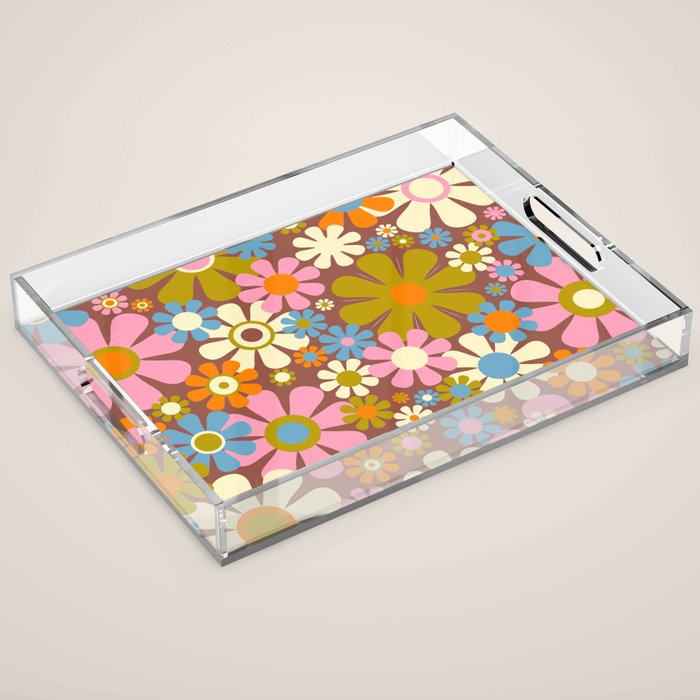 Cheerful Groovy Retro Garden Flowers 60s 70s Floral Pattern Acrylic Tray Gallery Image 1
