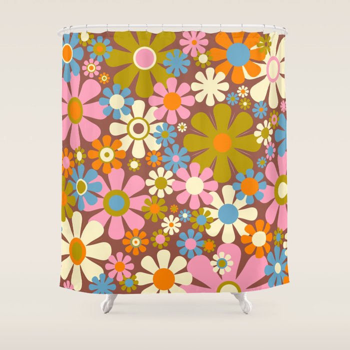 Cheerful Groovy Retro Garden Flowers 60s 70s Floral Pattern Shower Curtain Gallery Image 1