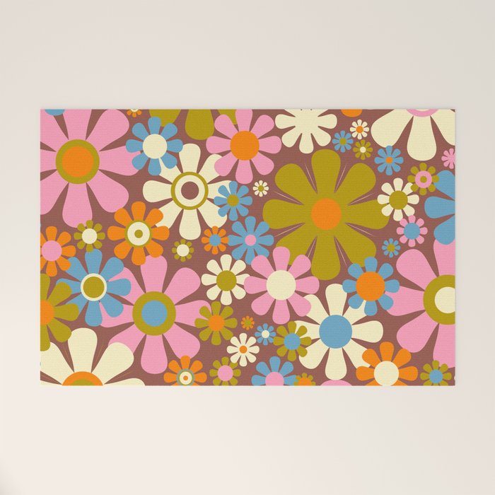 Cheerful Groovy Retro Garden Flowers 60s 70s Floral Pattern Welcome Mat Gallery Image 1