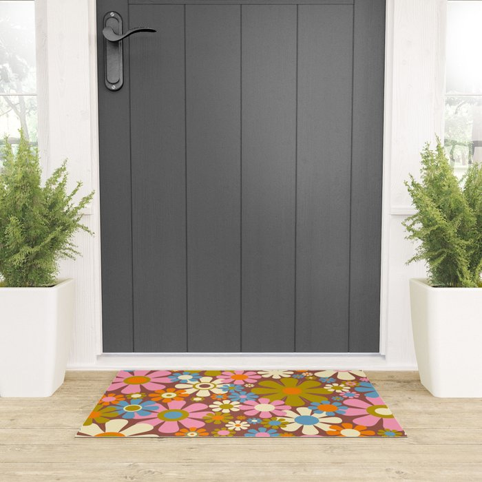 Cheerful Groovy Retro Garden Flowers 60s 70s Floral Pattern Welcome Mat Gallery Image 3