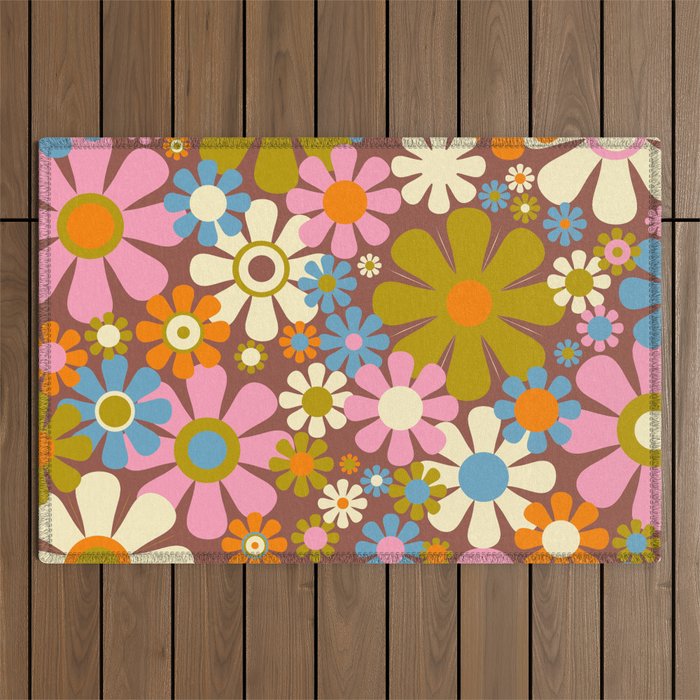 Cheerful Groovy Retro Garden Flowers 60s 70s Floral Pattern Outdoor Rug Gallery Image 1