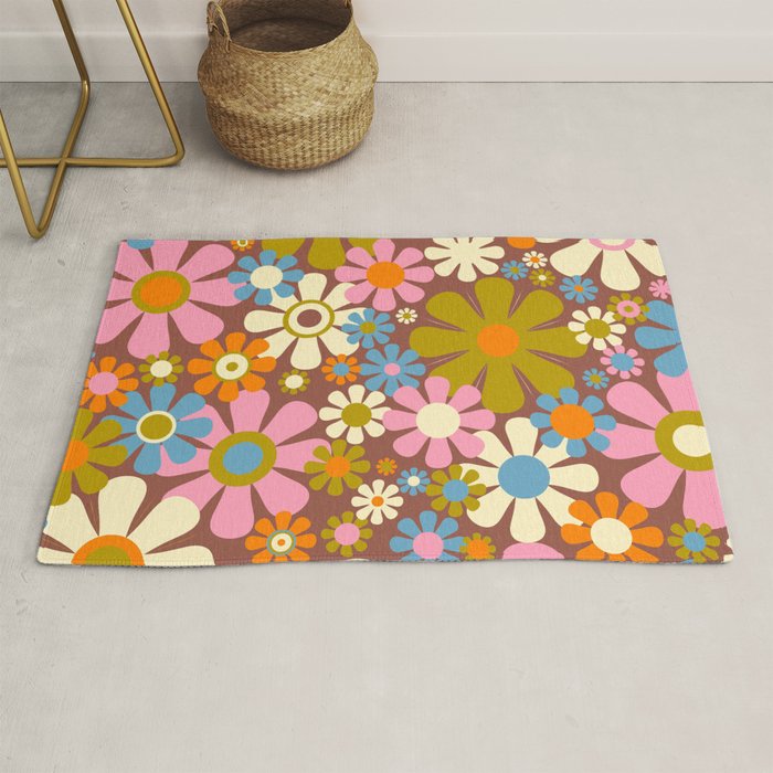 Cheerful Groovy Retro Garden Flowers 60s 70s Floral Pattern Rug Gallery Image 1