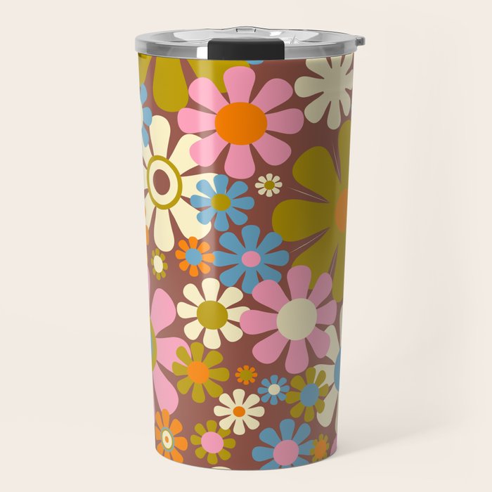 Cheerful Groovy Retro Garden Flowers 60s 70s Floral Pattern Travel Mug Gallery Image 1