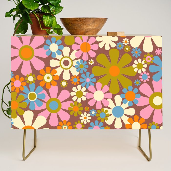 Cheerful Groovy Retro Garden Flowers 60s 70s Floral Pattern Credenza Gallery Image 1