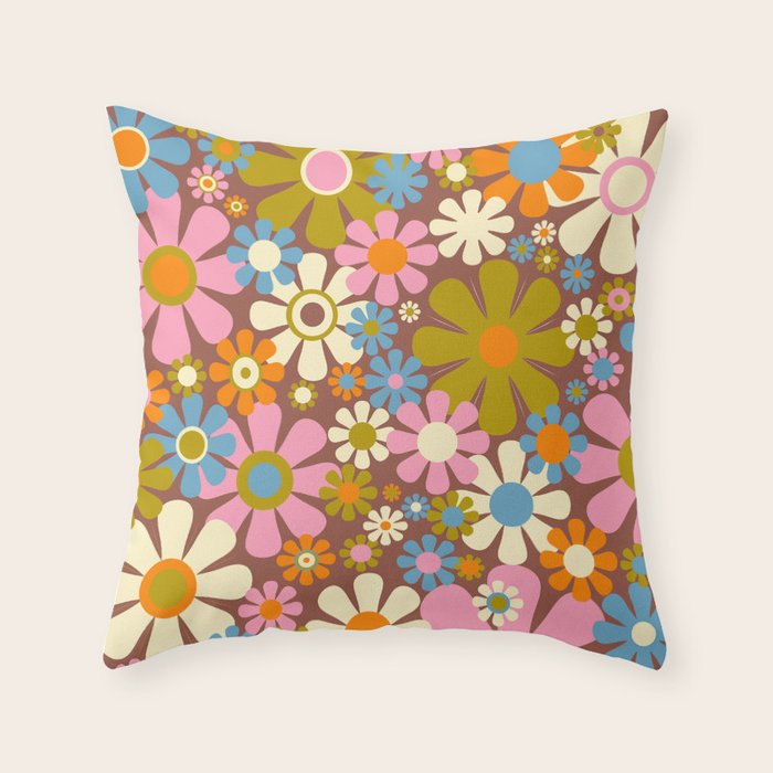Cheerful Groovy Retro Garden Flowers 60s 70s Floral Pattern Throw Pillow Gallery Image 6