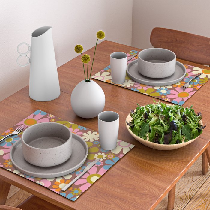Cheerful Groovy Retro Garden Flowers 60s 70s Floral Pattern Placemat Gallery Image 2