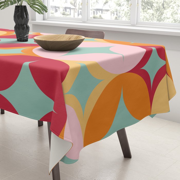 Merry and Bright, Christmas, Retro Art, Orange, Pink, Red, Yellow, Teal Tablecloth Gallery Image 3