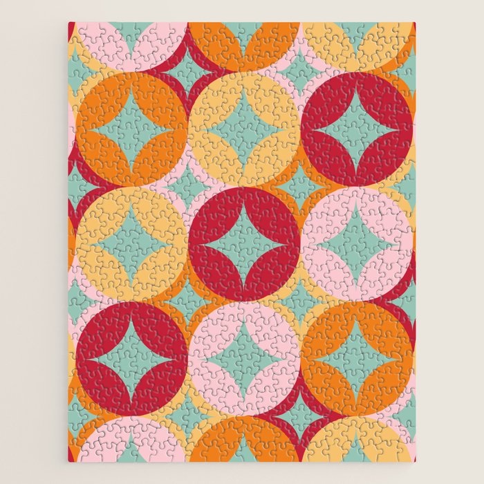 Merry and Bright, Christmas, Retro Art, Orange, Pink, Red, Yellow, Teal Jigsaw Puzzle Gallery Image 1