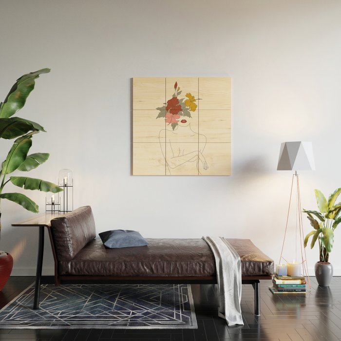 Colorful Thoughts Minimal Line Art Woman with Hibiscus Wood Wall Art Gallery Image 2