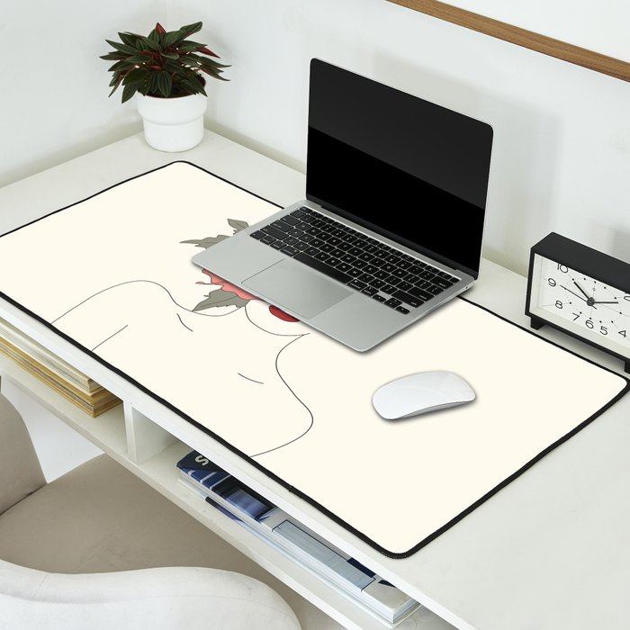 Colorful Thoughts Minimal Line Art Woman with Hibiscus Desk Mat Gallery Image 2