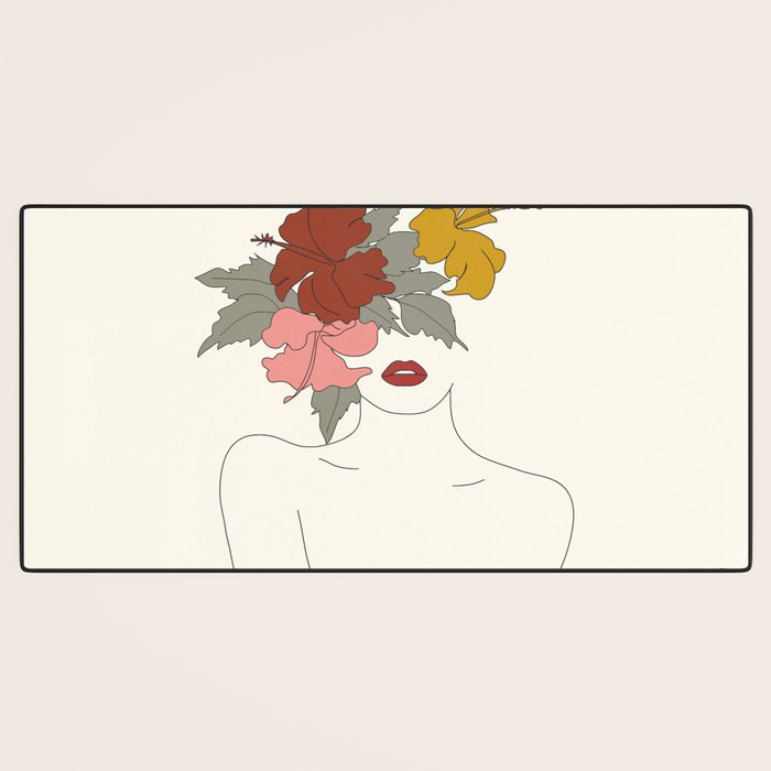 Colorful Thoughts Minimal Line Art Woman with Hibiscus Desk Mat Gallery Image 3
