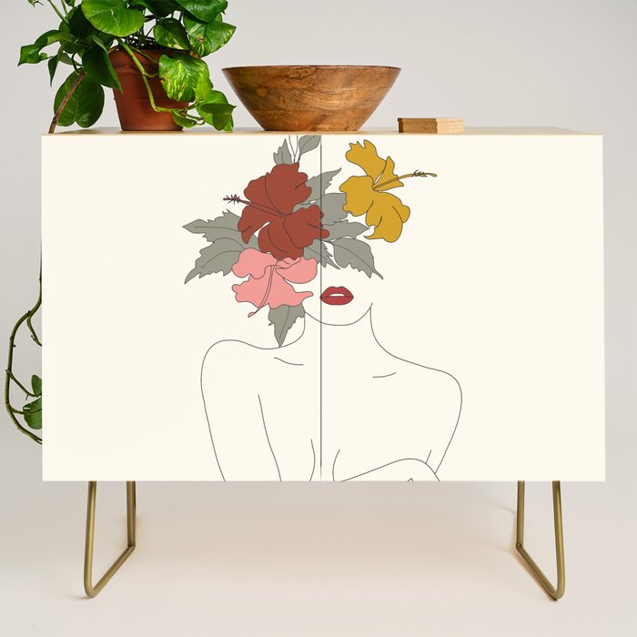 Colorful Thoughts Minimal Line Art Woman with Hibiscus Credenza Gallery Image 1