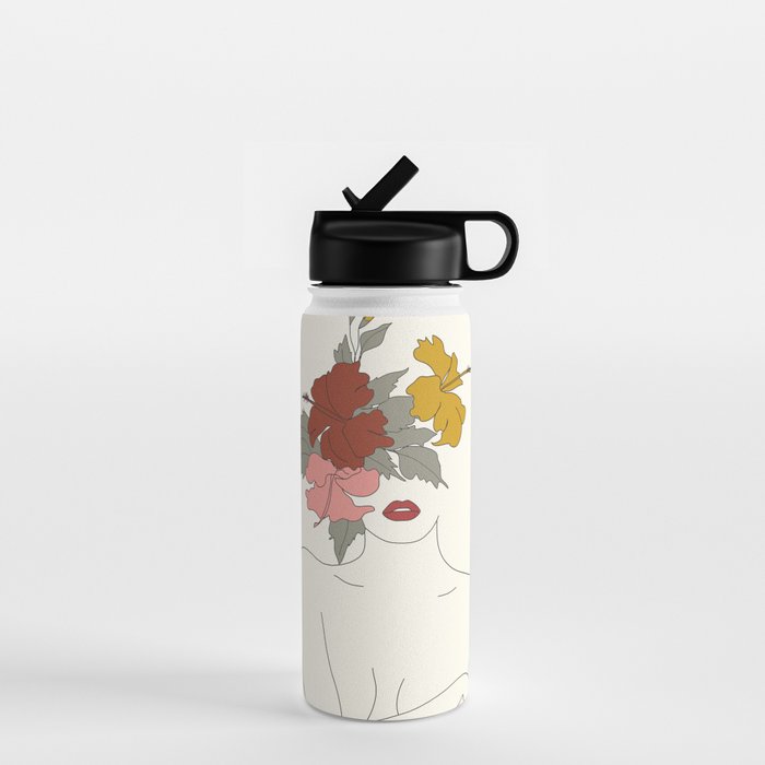 Colorful Thoughts Minimal Line Art Woman with Hibiscus Water Bottle Gallery Image 1