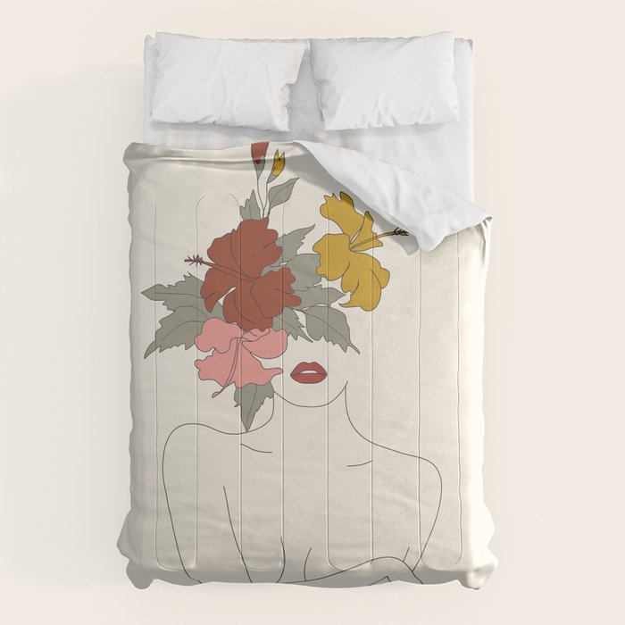 Colorful Thoughts Minimal Line Art Woman with Hibiscus Comforter Gallery Image 1