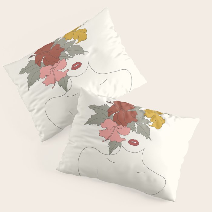 Colorful Thoughts Minimal Line Art Woman with Hibiscus Pillow Sham Gallery Image 1