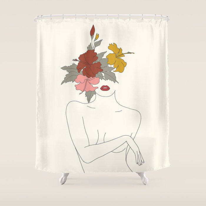 Colorful Thoughts Minimal Line Art Woman with Hibiscus Shower Curtain Gallery Image 1