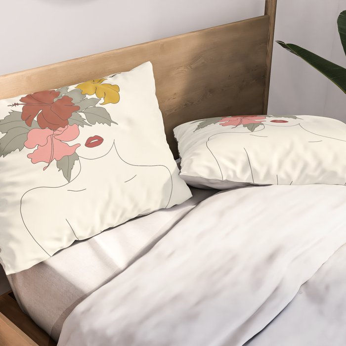 Colorful Thoughts Minimal Line Art Woman with Hibiscus Pillow Sham Gallery Image 2