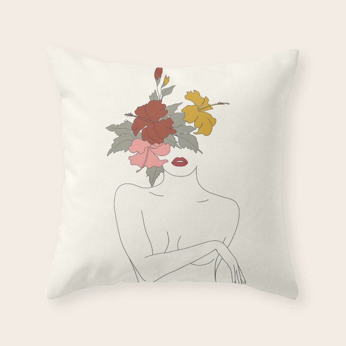 Colorful Thoughts Minimal Line Art Woman with Hibiscus Throw Pillow Gallery Image 1