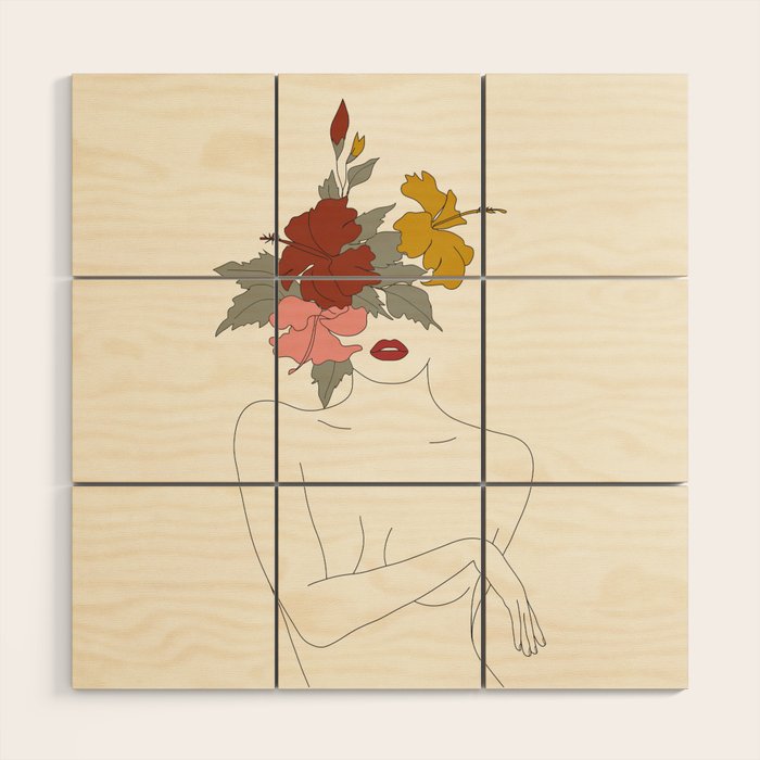 Colorful Thoughts Minimal Line Art Woman with Hibiscus Wood Wall Art Gallery Image 1