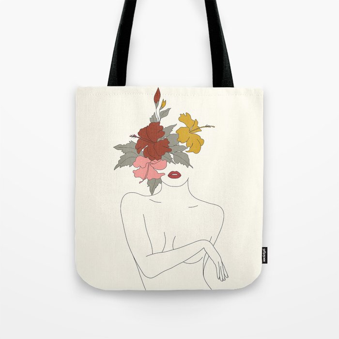 Colorful Thoughts Minimal Line Art Woman with Hibiscus Tote Bag Gallery Image 1