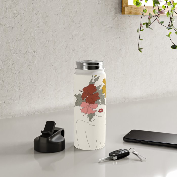 Colorful Thoughts Minimal Line Art Woman with Hibiscus Water Bottle Gallery Image 4