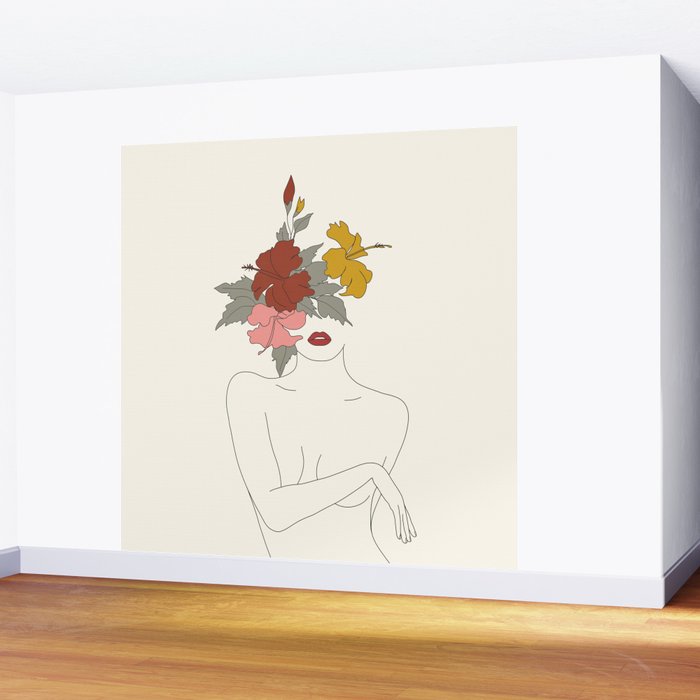 Colorful Thoughts Minimal Line Art Woman with Hibiscus Wall Mural Gallery Image 2