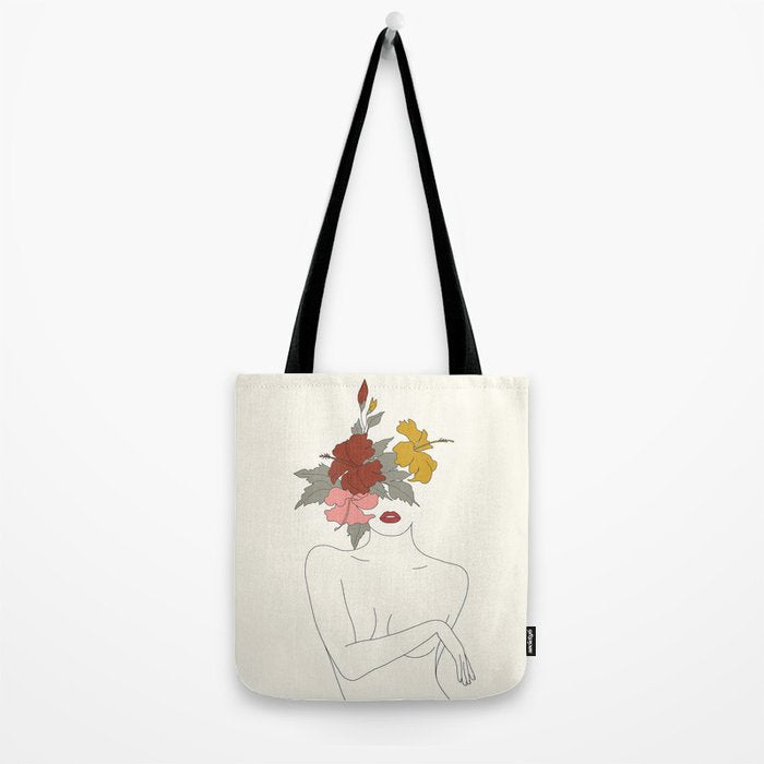 Colorful Thoughts Minimal Line Art Woman with Hibiscus Tote Bag Gallery Image 2