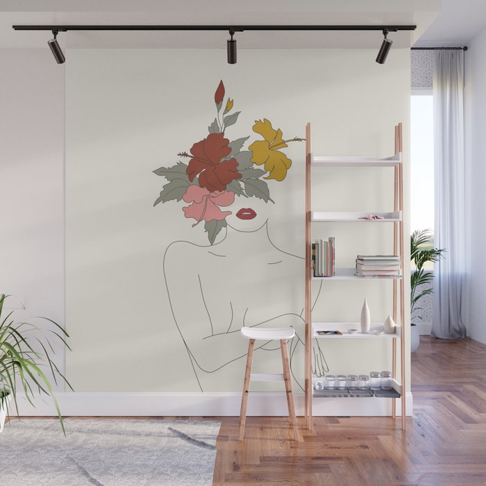 Colorful Thoughts Minimal Line Art Woman with Hibiscus Wall Mural Gallery Image 1