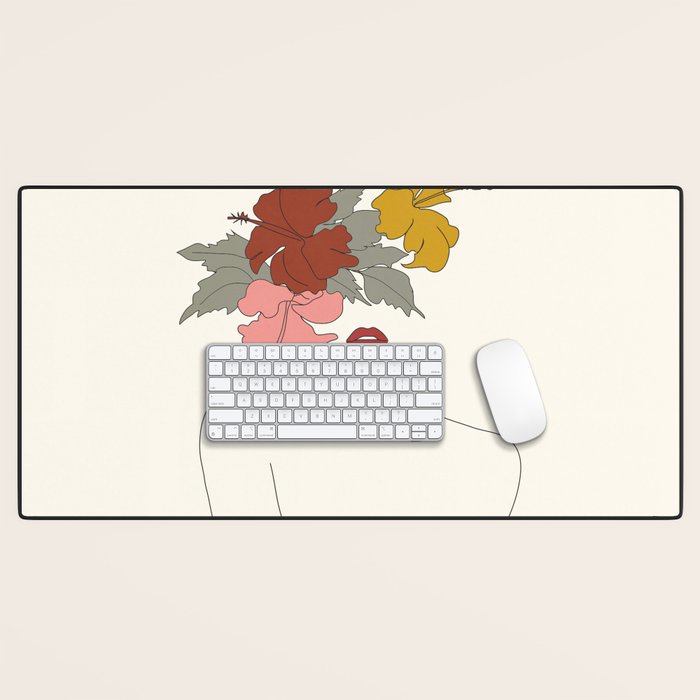 Colorful Thoughts Minimal Line Art Woman with Hibiscus Desk Mat Gallery Image 1