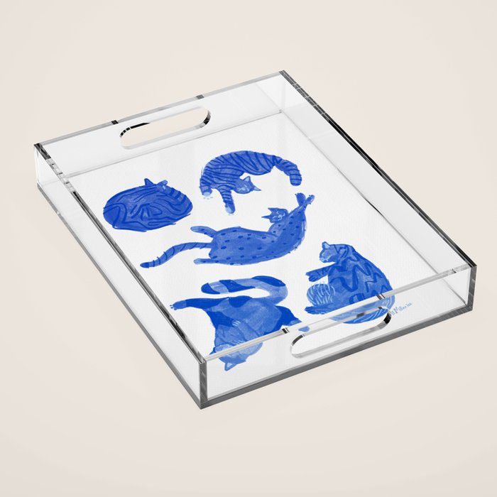 Sleepy Cozy Kitty Cats in Royal Blue & White Acrylic Tray Gallery Image 1
