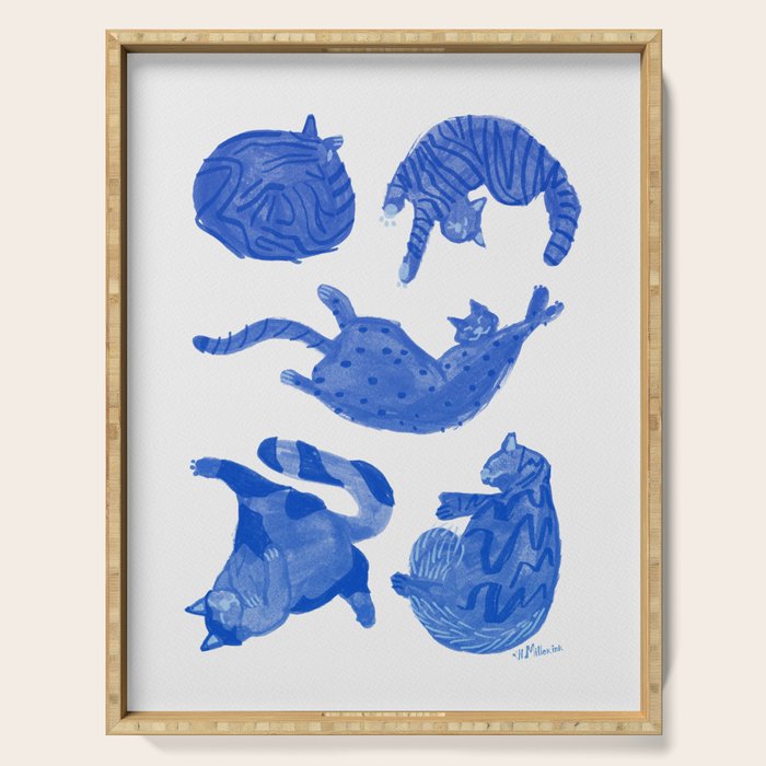 Sleepy Cozy Kitty Cats in Royal Blue & White Serving Tray Gallery Image 1