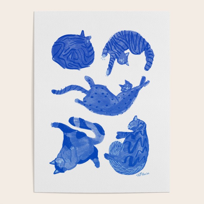 Sleepy Cozy Kitty Cats in Royal Blue & White Poster Gallery Image 4