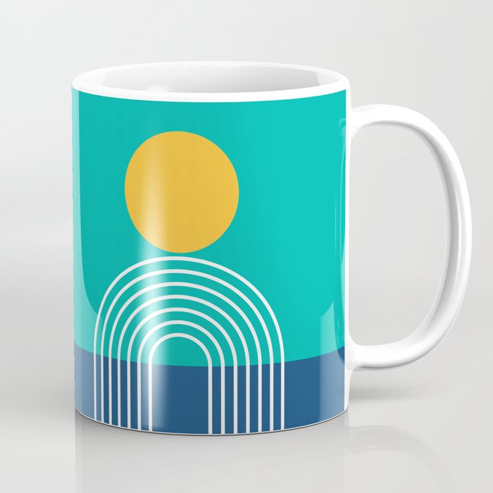 Geometric Lines in Blue Teal Yellow (Sun and Rainbow abstraction) Coffee Mug Gallery Image 1