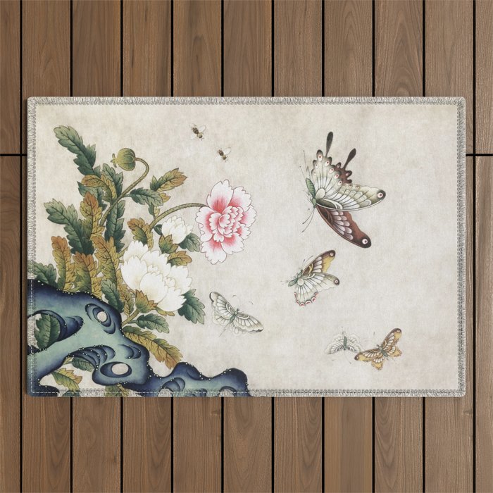 Butterflies and flowers : Minhwa-Korean traditional/folk art Outdoor Rug Gallery Image 1
