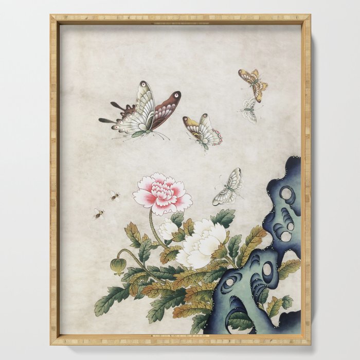 Butterflies and flowers : Minhwa-Korean traditional/folk art Serving Tray Gallery Image 1