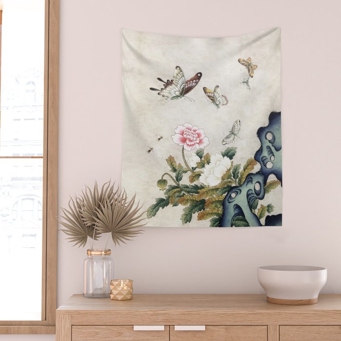 Butterflies and flowers : Minhwa-Korean traditional/folk art Wall Tapestry Gallery Image 2
