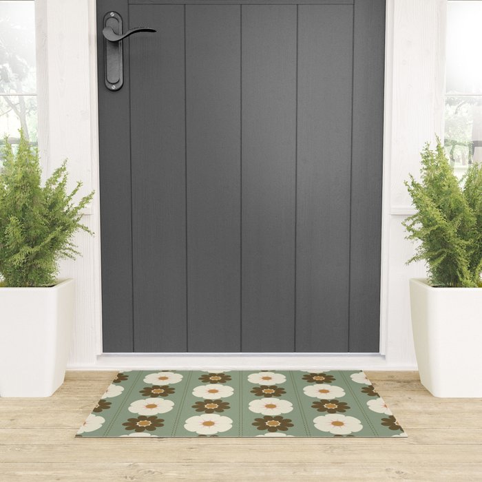 Retro floral pattern, 60s, 70s, style, in sage green Welcome Mat Gallery Image 3