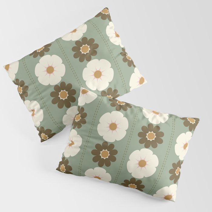 Retro floral pattern, 60s, 70s, style, in sage green Pillow Sham Gallery Image 3