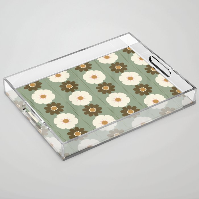 Retro floral pattern, 60s, 70s, style, in sage green Acrylic Tray Gallery Image 1