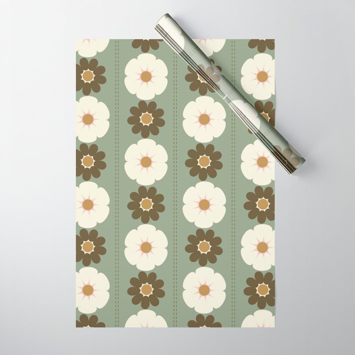 Retro floral pattern, 60s, 70s, style, in sage green Wrapping Paper Gallery Image 1